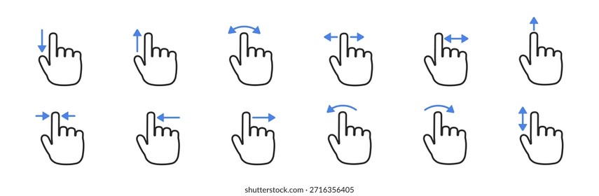 Ícone de gesto de mão definir, clique, passe, toque, arraste, pinçar, girar, interação com o dedo em tela móvel e tablet, ponteiro e interface do cursor, ilustração vetorial digital em fundo transparente.