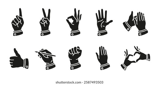 Hand gesture icon set. Communication and body language vector illustration. Collection of different hand signs including pointing, thumbs up, fist and clapping. Expression and agreement symbols.