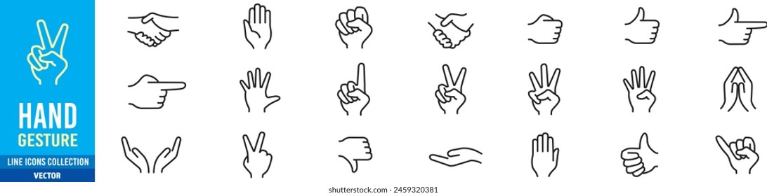 Handgesten-Symbolsatz. Bearbeitbare Strichsymbole Kollektion Illustration Vektorgrafik.