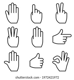Hand gesture icon. A set of line drawings on a white background. Vector image. Includes victory, pointing, stop and pass signals.