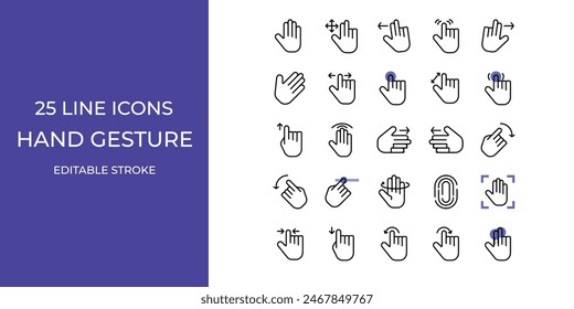 Hand gesture icon set line vector design editable. fingerprint, scroll, swipe, click, and more