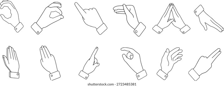 Conjunto de iconos de gestos de mano con un arte lineal mínimo que muestra signos de puntería, conteo y comunicación. Las manos de contorno negro limpio expresan interacción, dirección e instrucción. Perfecto para iconos de interfaz de usuario, infografías, tutoriales y guías visuales.