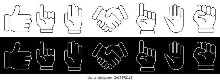 Hand Gesture Icon Set. Minimalist Line and Filled Style Hand Signs for Communication and Interface Design.