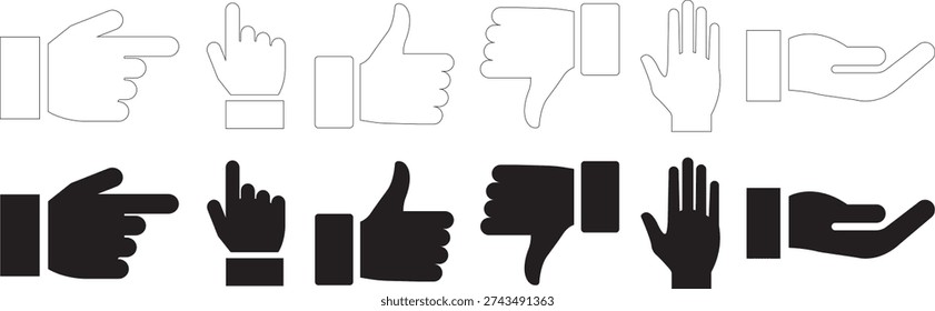Hand Gesture Icon Set – Pointing, Click, Like, Dislike and Open Palm Symbols Black and White Vector Illustration