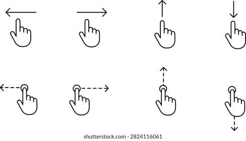Hand gesture icon set with swipe and scroll direction symbols for mobile touch interfaces