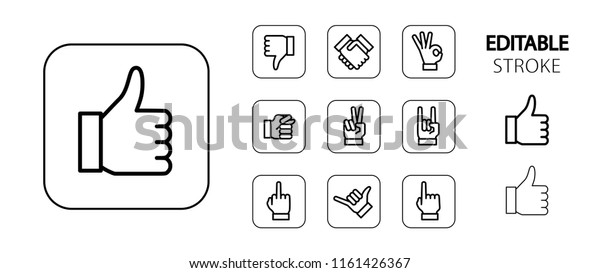 手のジェスチャーアイコンセット 親指を立て 握手 Ok イチジク 勝利と石のサイン 中指と指の指 釈迦手 簡単なアウトラインウェブアイコン 編集可能なストローク ベクターイラスト のベクター画像素材 ロイヤリティフリー