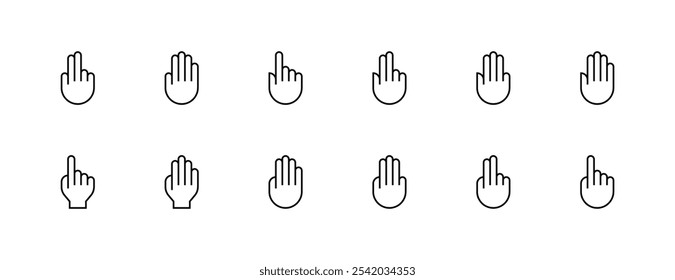 Conjunto de iconos de gestos de mano. Gesto, tacto, interacción con el dedo, deslizamiento, deslizamiento, puntero del dedo, toque y más. Trazo editable. Pixel perfecto. Base de rejilla 32px.