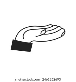 Icono de gesto de mano muestra la palma vacía sosteniendo algo. Signo de línea negra para la Asistencia de presentación de la oferta. Ilustración vectorial aislada.