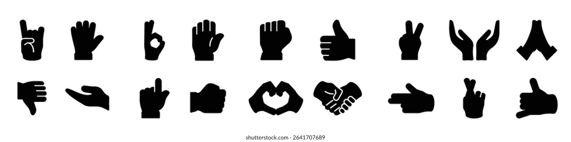 Hand gesture icons in black on a transparent background. Hand gesture icon in various shapes. Man hands gestures, pointing finger and thumbs up like
