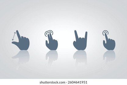 Hand gesture icons. click, two finger up,  with grey color, with a silver background