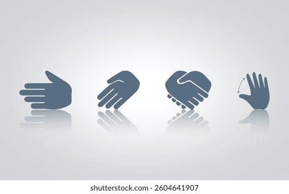 Hand gesture icons. hands, hand shaking, sizes, with grey color, with a silver background