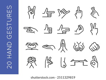 Iconos del gesto de la mano. Conjunto de 20 iconos mínimos de moda del gesto de la mano. Ejemplo: Rock, Apuntar, Paz, Orar, Icono de ofrenda. Signos de diseño para la página de Web, App móvil, diseño de embalaje. Ilustración vectorial