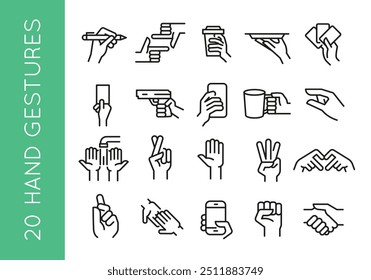 Hand gesture icons. Set of 20 trendy minimal hand gesture icons. Writing, Pointing, Holding Cup, Handshake icon. Design signs for web page, mobile app, communication materials. Vector illustration