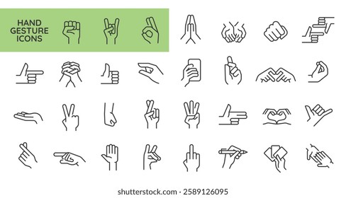 Hand Gesture icons. Set of 31 hand gesture trendy minimal icons. Example: Rock, Pointing, Peace, Praying, Offering icon. Design signs for web page, mobile app, packaging design. Vector illustration