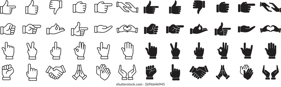 Hand gesture icons set. Collection of hand gesture icons representing various actions and emotions for graphic design and communication, isolated on transparent background. Vector illustration.