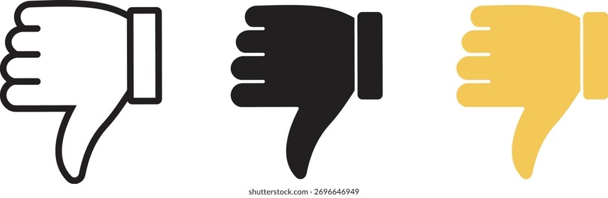 Hand gesture icons set. Collection of dislike or thumb down hand gesture icons representing actions and emotions for graphic design, isolated on transparent background. Vector illustration.