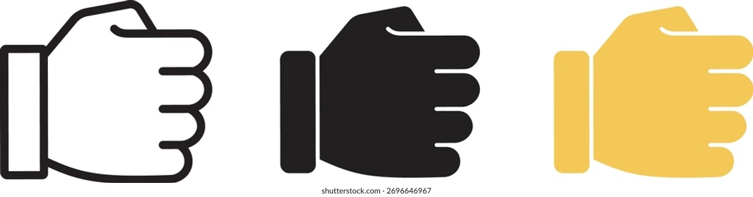 Conjunto de iconos de gestos de mano. Colección de la mano con los iconos apretados del gesto del puño que representan las acciones y las emociones para el Diseño gráfico, aislados en fondo transparente. Ilustración vectorial.