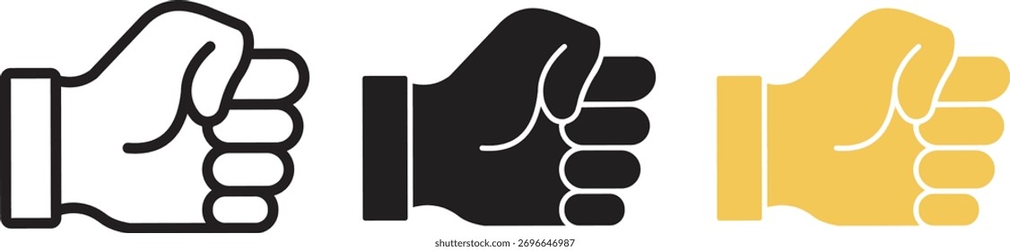 Conjunto de iconos de gestos de mano. Colección de la mano con los iconos apretados del gesto del puño que representan las acciones y las emociones para el Diseño gráfico, aislados en fondo transparente. Ilustración vectorial.