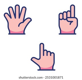 Hand gesture icons set featuring open palm with five fingers for greeting or stop, raised index finger for indication or attention, and downward-pointing finger for selection or direction.