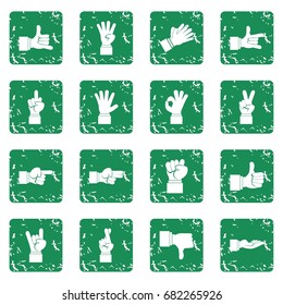 Hand gesture icons set in grunge style green isolated vector illustration