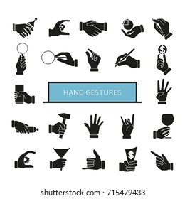 hand gesture icons set, hand holding objects