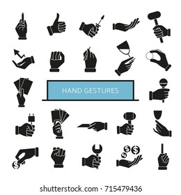 hand gesture icons set, hand holding objects