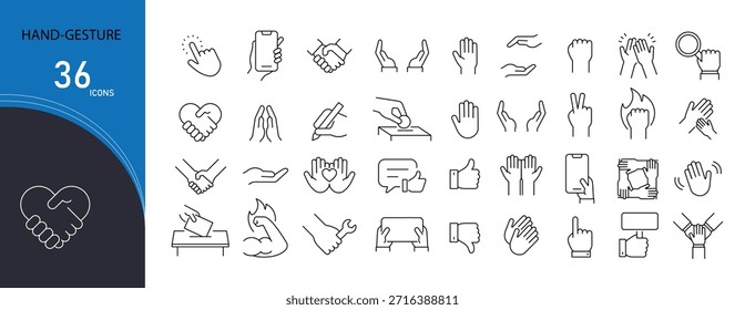 Hand gesture icons set. Includes icons for signals, communication gestures, pointing, and interaction symbols. Ideal for UI, instruction guides, and communication visuals. Editable stroke.