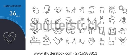 Hand gesture icons set. Includes icons for signals, communication gestures, pointing, and interaction symbols. Ideal for UI, instruction guides, and communication visuals. Editable stroke.