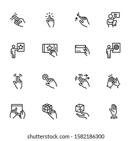 Hand gesture icons. Set of line icons. Pressing button, clapping, message, ticking. Hand sign concept. Vector illustration can be used for topics like communication, technology, networking