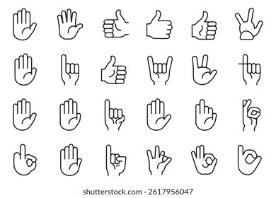 Ícones de gestos de mão definir coleção de símbolos de estilo de linha mínima para UI, design gráfico UX