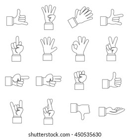 Hand gesture icons set in outline ctyle. Finger language set collection vector illustration