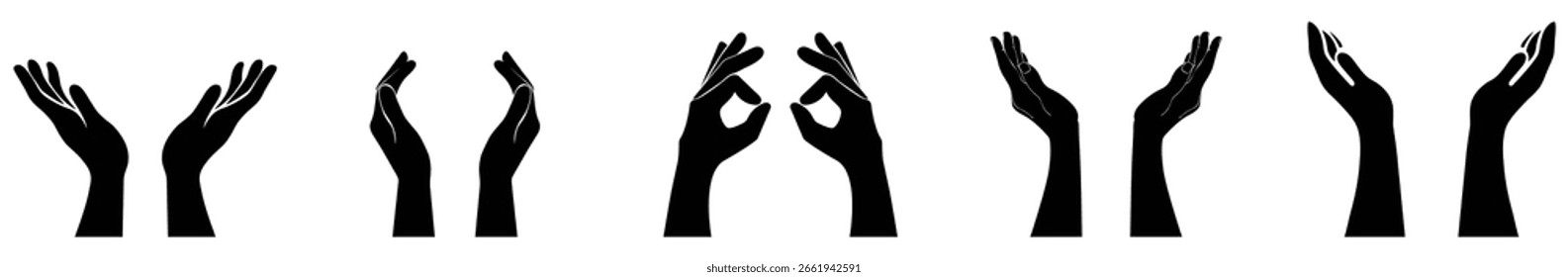 Vector de ilustración de manos sobre fondo blanco. Manos humanas en diferentes posiciones como concepto gestual creativo. Diseño de Vector de gesto de mano negro. Manos levantadas para el diseño de la notificación.