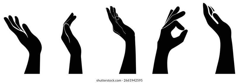 Freie Hände, die einen Vektor auf weißem Hintergrund halten. Handgesten Silhouette Vektorgrafik-Design. Hände, die verschiedene Gesten zeigen. Handpositionen für den Unterricht. Ausdrucksstarke Hände.