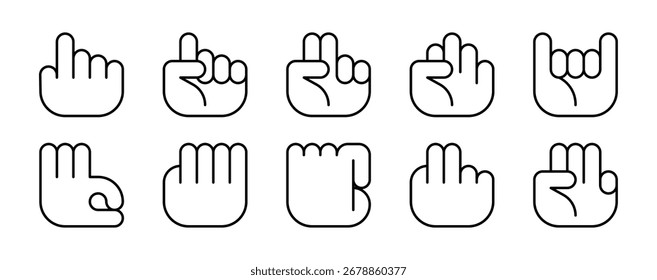 Iconos del gesto de la mano fijados en estilo simple del arte de la línea