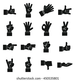 Hand gesture icons set in simple ctyle. Finger language set collection vector illustration