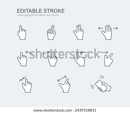 Hand gesture icons for touch screen phone and tablet. editable stroke vector illustration