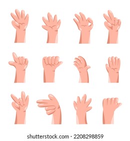 Hand gesture illustration in cartoon palm set showing different sign 