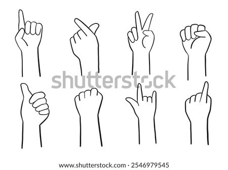 Hand gesture illustration collection. A collection of eight minimalist hand gesture illustrations, including pointing, peace sign, fist, thumbs up, and more. Perfect for creative and thematic designs