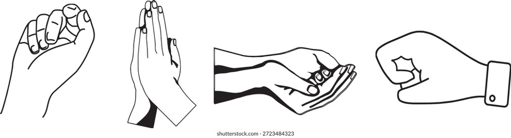 Conjunto de ilustración de gestos de mano con iconos de línea simples que muestran la comunicación y el lenguaje corporal. Los dibujos de contorno negro mínimo de manos humanas expresan acciones, signos e interacción. Ideal para diseño de interfaz de usuario, infografías, tutoriales y comunicación visual.