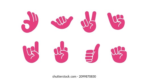 Aufkleber für Handgesten. Set aus verschiedenen Handgesten Silhouetten einzeln auf weißem Hintergrund. Handgezeichnete Handsymbole, Vektorgrafik. Cartoon-Stil. Flaches Design.