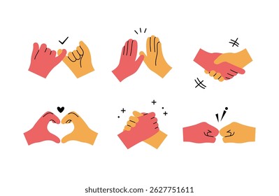 Hand gesture illustrations showing friendship, cooperation, and shared goals in flat design style. 
