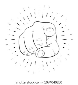 Hand gesture, index finger shows on you, hand-drawn, outline, against the background of linear rays. For posters, banners and logos. 10 eps