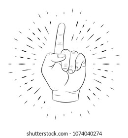 Hand gesture, index finger up, idea, thought. Hand-drawn, contour, against a background of linear rays. For registration of posters, banners, logos. 10 eps