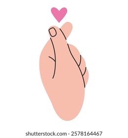 Hand gesture, K-Heart, crossed thumb and index finger make a heart, love sign. Gesturing human arm. Trendy modern vector illustration isolated on white background, hand drawn, flat design