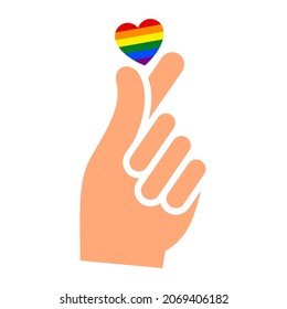 Hand gesture korean heart sign with flag of pride lgbt, drawn fingers hold symbol lgbtq