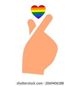 Hand gesture korean heart sign with flag of pride lgbt, drawn fingers hold symbol lgbtq