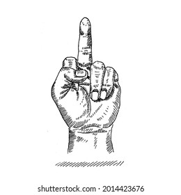 Hand gesture. left hand middle finger up defiantly. Vector illustration of a vintage retro sketch. Engraving style. black isolated on a white background. vector graphic design illustration sketch