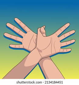 Hand gesture like flying bird against the background of the flag of Ukraine.	
