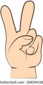 Hand gesture like letter V, symbolizing Peace. Friendly gesture in form of two fingers raised up shows number two on fingers. Victory hand with index and middle fingers up isolated vector on white