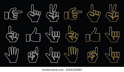 Hand gesture line art icon set white and gold symbols on a black background